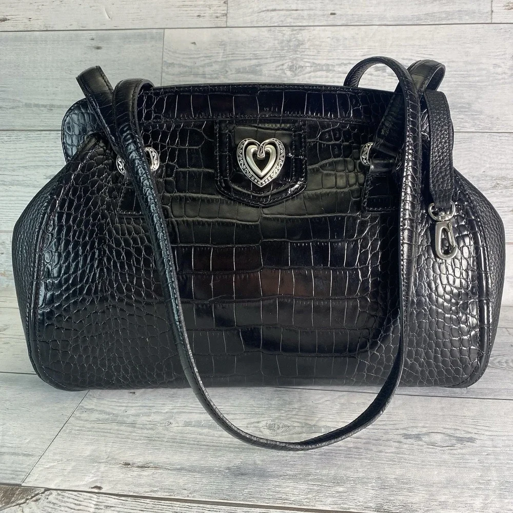 Vintage Brighton Purse Shoulder Satchel Handbag Black Leather Croc Embossed Nice
